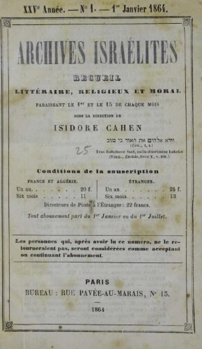 Archives israélites de France. Vol.25 N°01 (01 janv. 1864)